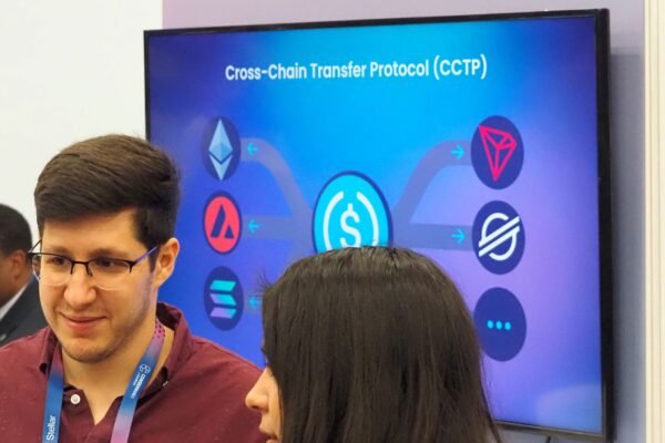 Circle Upgrades Cross-Chain Transfer Protocol Promising Faster USDC Stablecoin Settlements A CCTP demo at Circle’s Consensus 2023 booth in Austin, Texas (Danny Nelson/CoinDesk)